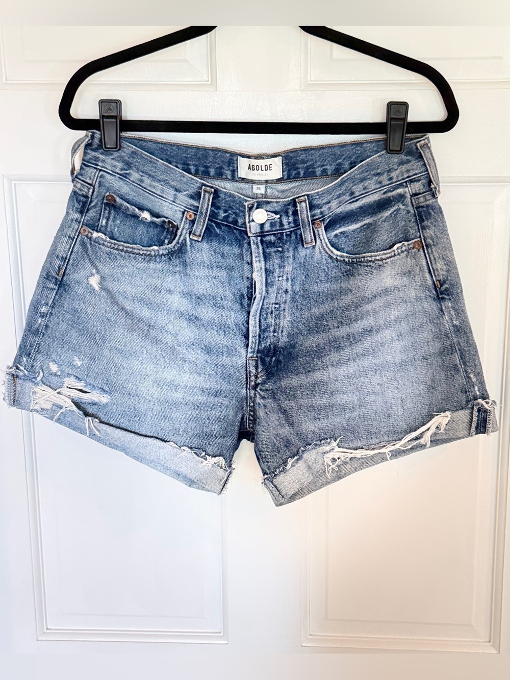 Agolde Parker Long Cuff Distressed Denim Cutoff Shorts 28